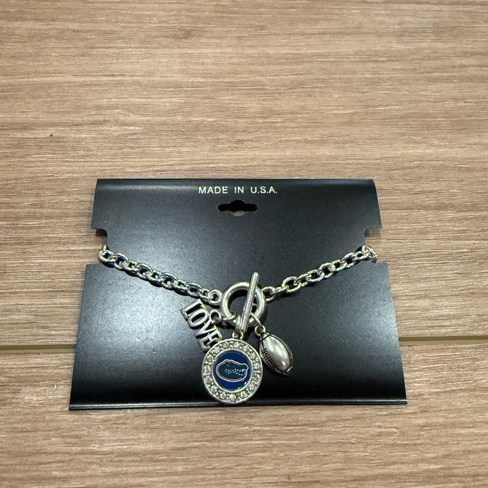 University of Florida Silver Chain Charm Bracelet with Love and Football Pendant